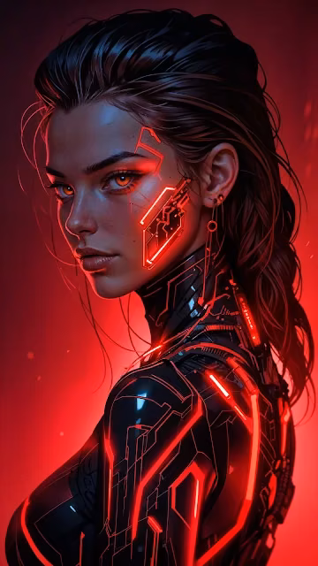 Cyberpunk Woman with Red Glowing Circuitry - Free 4K & 8K Mobile Wallpaper