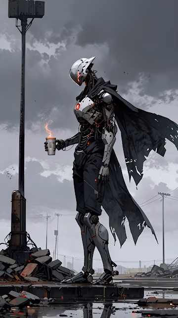 Cyborg Android in Post Apocalyptic Wasteland Holding Coffee - Free 4K & 8K Mobile Wallpaper