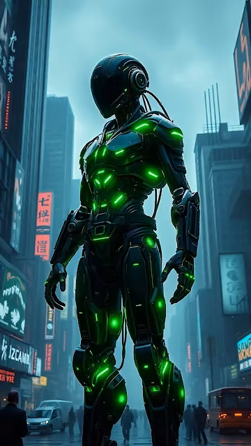 Cyborg with Glowing Green Lights in City - Free 4K & 8K Mobile Wallpaper