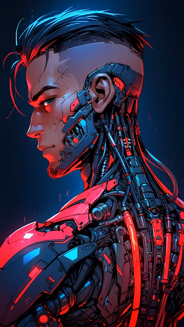 Cyborg Man with Exposed Mechanical Neck and Red Glow - Free 4K & 8K Mobile Wallpaper