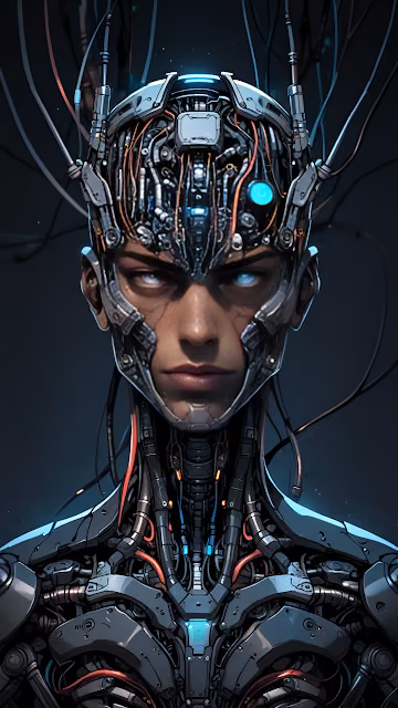Cyborg Man Portrait with Exposed Wires and Blue Eyes - Free 4K & 8K Mobile Wallpaper