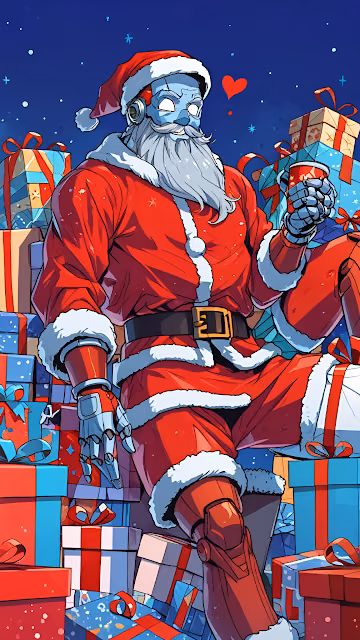 Cyborg Santa Claus Surrounded by Holiday Gifts at Night - Free 4K & 8K Mobile Wallpaper
