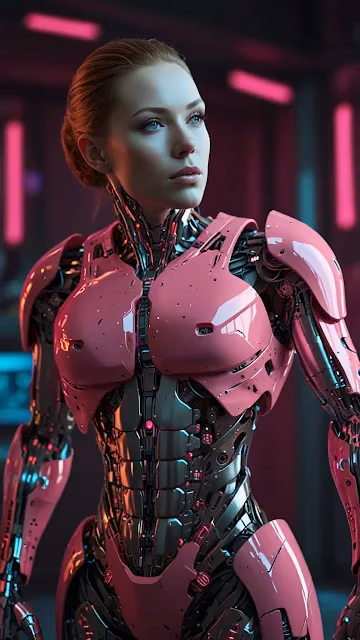 Cyborg woman in glossy pink armor under neon pink lighting - Free 4K & 8K Mobile Wallpaper