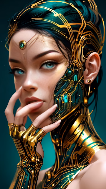 Cyborg Woman with Gold Circuitry and Teal Accents - Free 4K & 8K Mobile Wallpaper