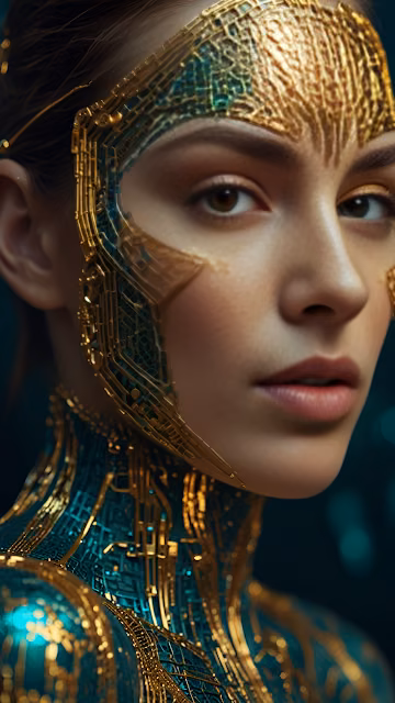 Cyborg Woman with Golden Circuitry on Face and Neck - Free 4K & 8K Mobile Wallpaper