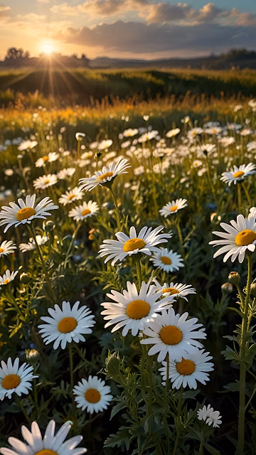 Daisy Field Sunset Golden Hour Meadow White Flowers - Free 4K & 8K Mobile Wallpaper