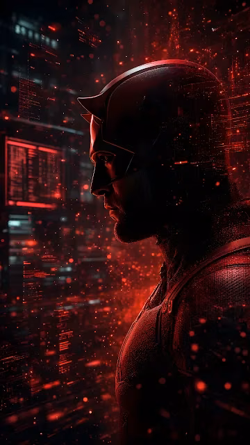 Daredevil in tactical horned cowl stands surrounded by crimson digital interface particles. Profile view of Daredevil wearing a red armored cowl and suit amidst red floating digital particles.