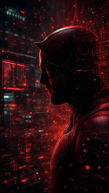 Daredevil in tactical horned cowl stands surrounded by crimson digital interface particles. Profile view of Daredevil wearing a red armored cowl and suit amidst red floating digital particles.