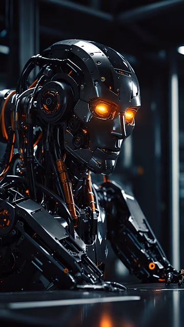 Dark Android Robot Portrait Glowing Orange Eyes - Free 4K & 8K Mobile Wallpaper