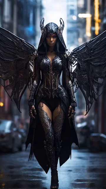 Dark Angel in Armor with Giant Wings Walking in Rainy City - Free 4K & 8K Mobile Wallpaper