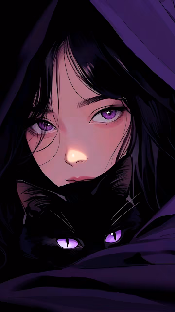 Dark Anime Portrait: Girl and Cat with Intense Purple Eyes - Free 4K & 8K Mobile Wallpaper