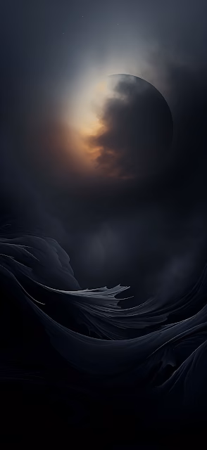 Dark Cosmic Landscape with Obscured Moon and Fractal Waves - Free 4K & 8K Mobile Wallpaper