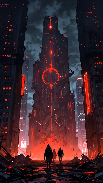 Dark Cyberpunk Dystopia Art with Red Central Citadel - Free 4K & 8K Mobile Wallpaper