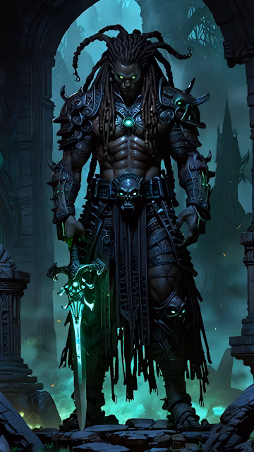 Dark Fantasy Dreadlocked Warrior Glowing Green Sword Art - Free 4K & 8K Mobile Wallpaper
