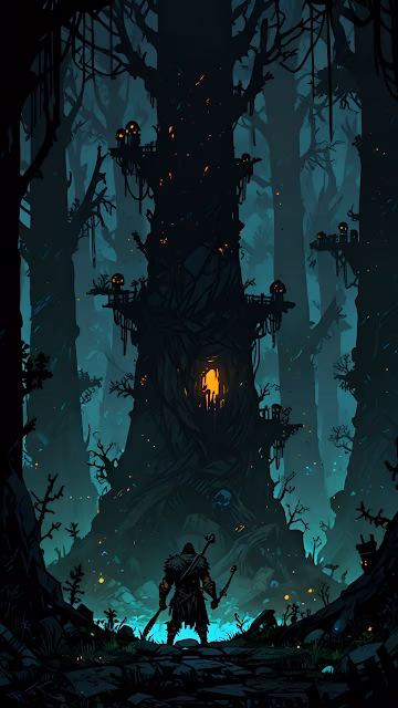 Dark Fantasy Forest Warrior Haunted Tree Structure - Free 4K & 8K Mobile Wallpaper