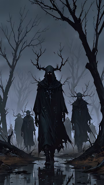 Dark Forest Wraith Procession Antlered Shaman Art - Free 4K & 8K Mobile Wallpaper