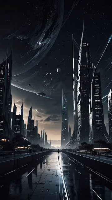 Dark Futuristic Cityscape Under Massive Ringed Alien Planet - Free 4K & 8K Mobile Wallpaper