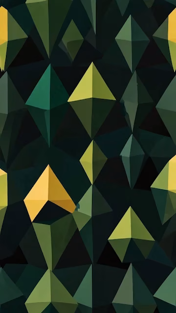 Dark Geometric Pattern of Faceted Green and Yellow Pyramids - Free 4K & 8K Mobile Wallpaper