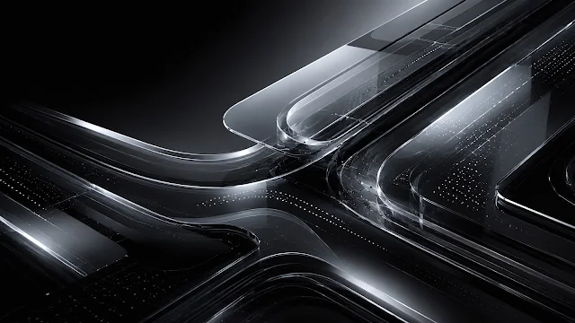 Sleek transparent dark glass layers intersect with crisp white edge reflections. Curved layers of dark translucent glass with reflective silver highlights on a black background.