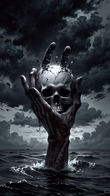 Dark Hand Grasping Skull Emerging from Turbulent Ocean - Free 4K & 8K Mobile Wallpaper