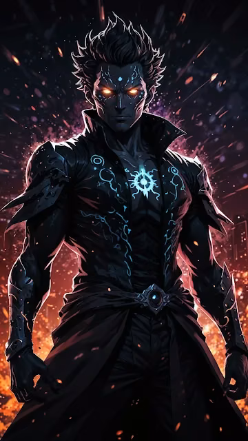 Dark Hero with Glowing Blue Symbols and Eyes - Free 4K & 8K Mobile Wallpaper