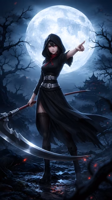 Hooded female warrior in black cloak pointing forward while holding a scythe under a giant full moon at night.