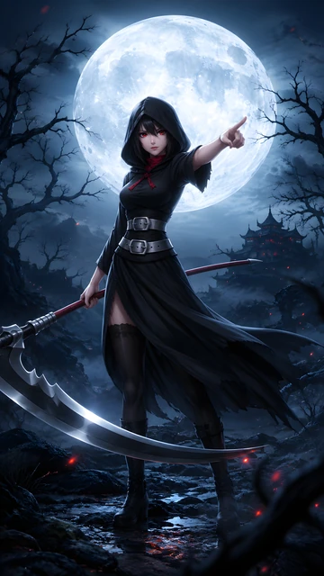 Hooded female warrior in black cloak pointing forward while holding a scythe under a giant full moon at night.