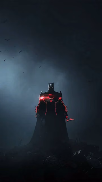 Dark Knight Red Glow Cinematic Superhero Art - Free 4K & 8K Mobile Wallpaper