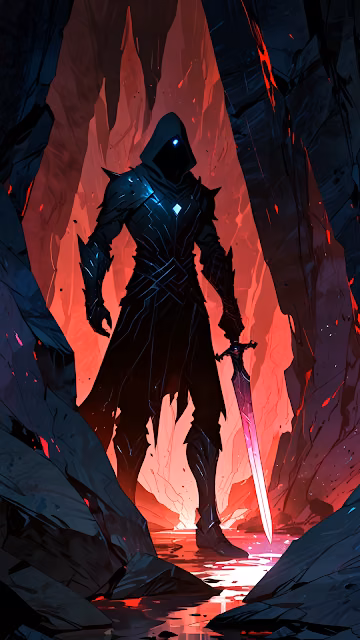 Dark Knight Warrior In Red Lava Cavern With Glowing Sword - Free 4K & 8K Mobile Wallpaper