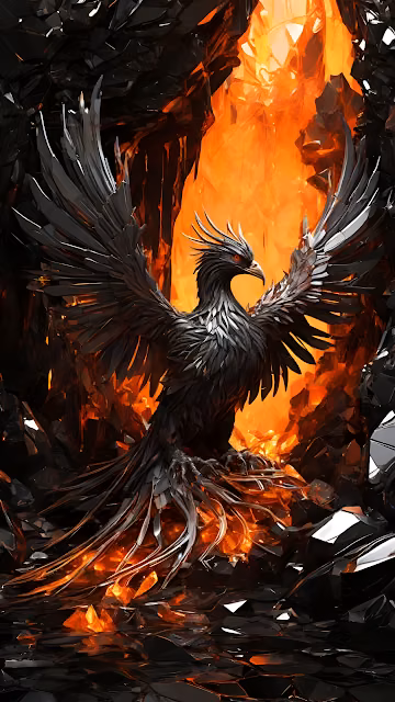 Dark Metal Phoenix Rising from Fiery Chasm - Free 4K & 8K Mobile Wallpaper