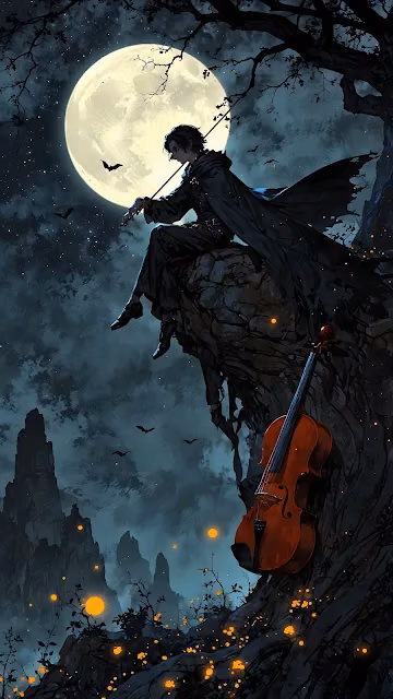 Dark Musician Full Moon Serenade, Gothic Violin Night - Free 4K & 8K Mobile Wallpaper