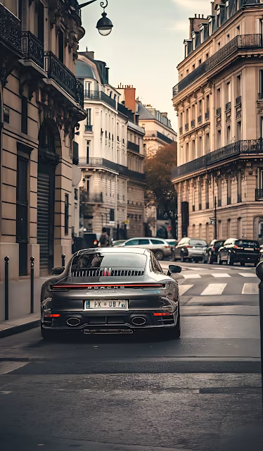 Dark Porsche 911 Paris Street Haussmann Architecture - Free 4K & 8K Mobile Wallpaper