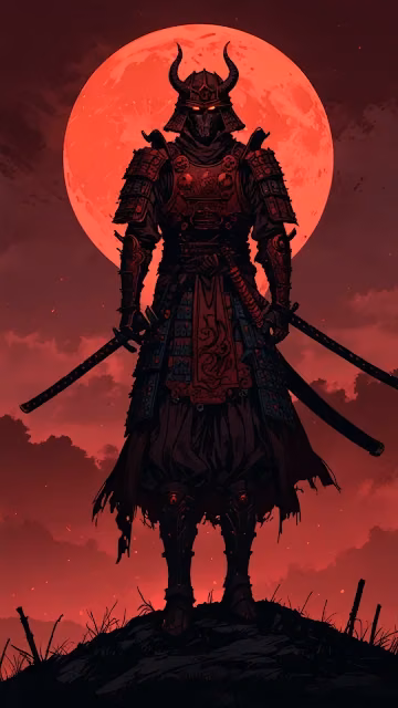 Dark Samurai with Twin Swords Under Blood Moon - Free 4K & 8K Mobile Wallpaper
