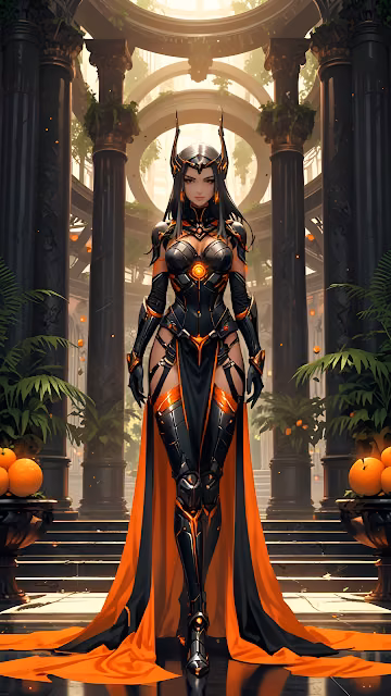 Dark Sorceress Black Orange Armor Fantasy Warrior Queen - Free 4K & 8K Mobile Wallpaper