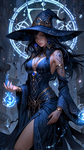Dark Sorceress Casting Blue Magic Spell Arcane Circle - Free 4K & 8K Mobile Wallpaper