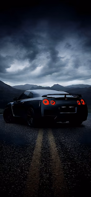 Dark Sports Car Nissan GT R on Wet Mountain Road Gloomy Sky - Free 4K & 8K Mobile Wallpaper