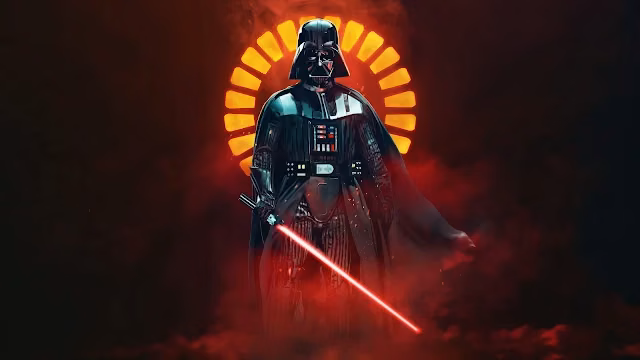 Darth Vader holding a glowing red lightsaber in front of a circular yellow halo surrounded by dark red smoke.