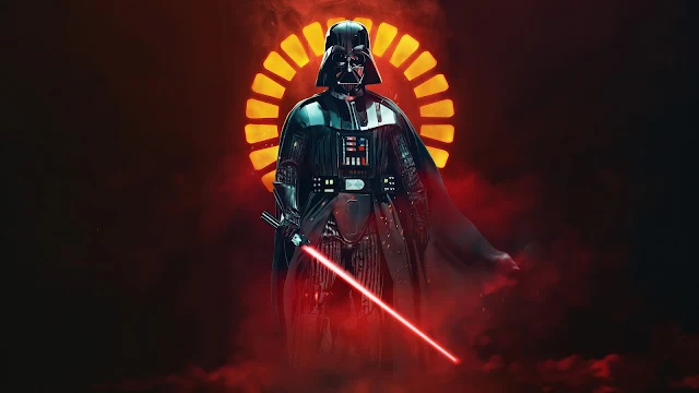 Darth Vader stands with an ignited red lightsaber framed by a glowing golden circular halo in smoky red darkness. Darth Vader holding a glowing red lightsaber in front of a circular yellow halo surrounded by dark red smoke.