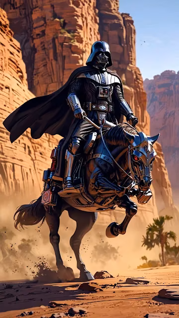 Darth Vader riding cybernetic horse through desert canyon - Free 4K & 8K Mobile Wallpaper