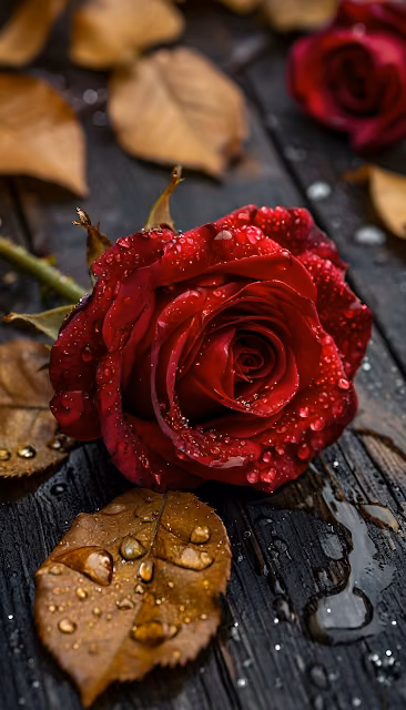 Deep Red Rose Water Droplets Dark Wood Texture - Free 4K & 8K Mobile Wallpaper