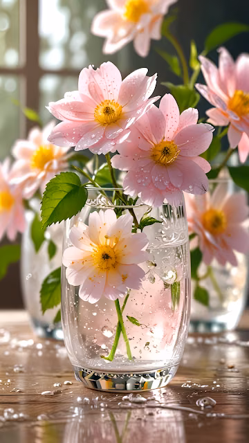 Delicate Pink Flowers in Glass Vases, Sparkling Water Drops - Free 4K & 8K Mobile Wallpaper
