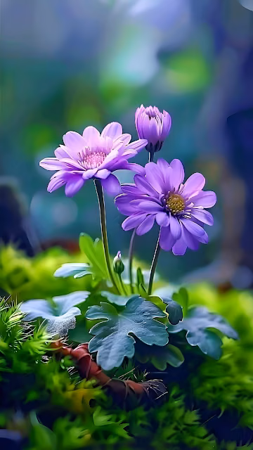 Delicate Purple Flowers Blooming Amid Lush Green Moss - Free 4K & 8K Mobile Wallpaper