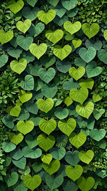 Dense wall of vibrant green heart-shaped leaves in lush foliage - Free 4K & 8K Mobile Wallpaper