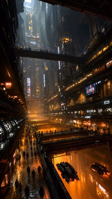 High-angle view of a futuristic mega city canyon with neon billboards, elevated walkways, pedestrians, and flying vehicles.