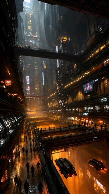 Download Densely populated futuristic city street with flying vehicles Wallpaper in 4K UHD High-angle view of a futuristic mega city canyon with neon billboards, elevated walkways, pedestrians, and flying vehicles.