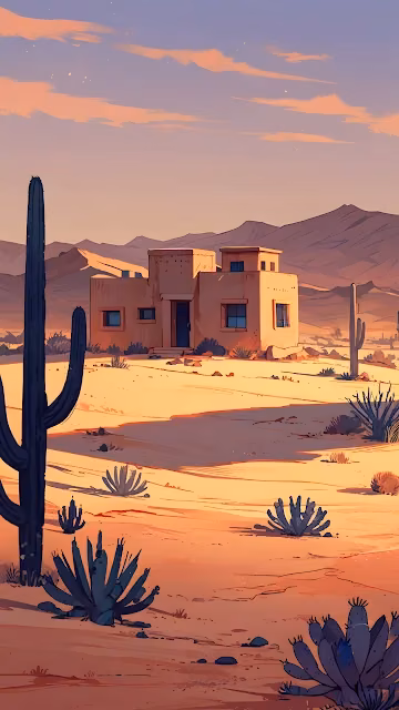 Desert Adobe House Landscape at Sunset with Cactus - Free 4K & 8K Mobile Wallpaper