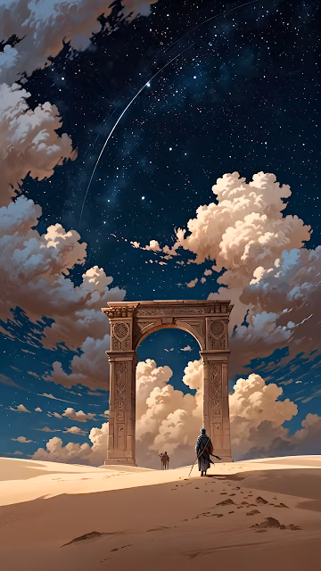 Desert Archway Under Starry Night Sky Epic Fantasy Art - Free 4K & 8K Mobile Wallpaper