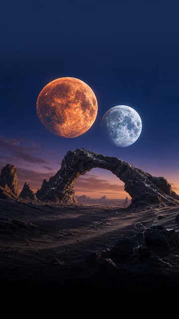 Desert Exoplanet Surface with Binary Moons Wallpaper - Free 4K & 8K Mobile Wallpaper