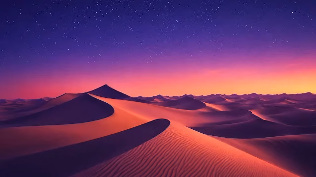 Smooth desert sand dunes bathed in sunset colors beneath a starry twilight sky. Curving sand dunes with fine wind ripples under a bright pink and purple sunset sky with early stars.