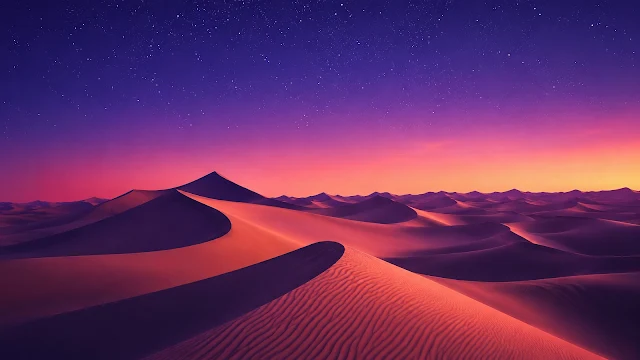 Smooth desert sand dunes bathed in sunset colors beneath a starry twilight sky. Curving sand dunes with fine wind ripples under a bright pink and purple sunset sky with early stars.